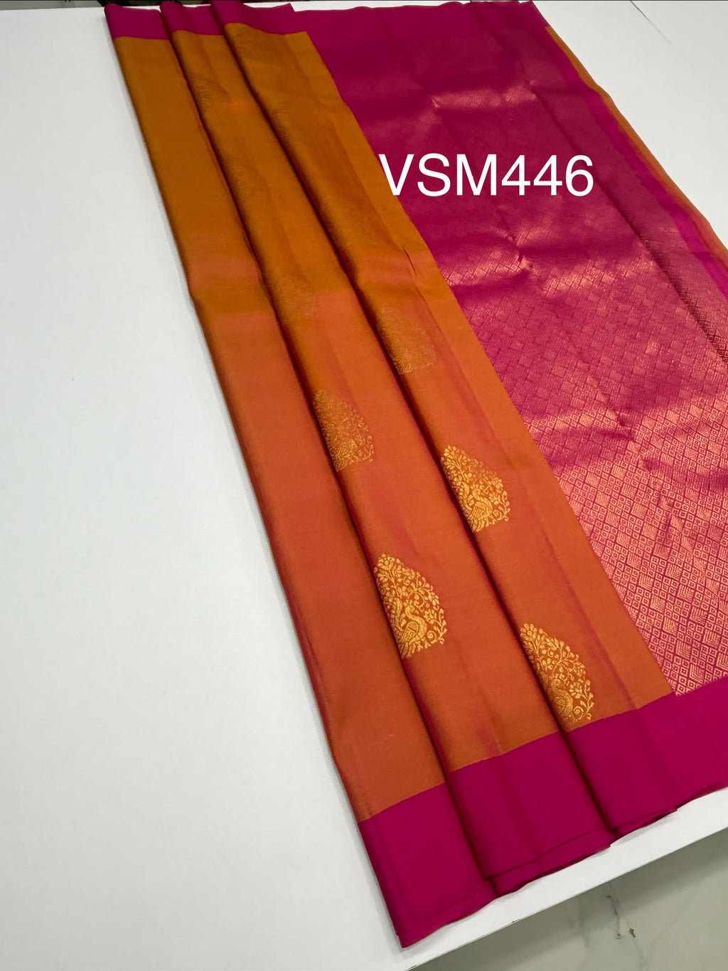 VSM446 - orange with pink color body, magenta color pallu , blouse.