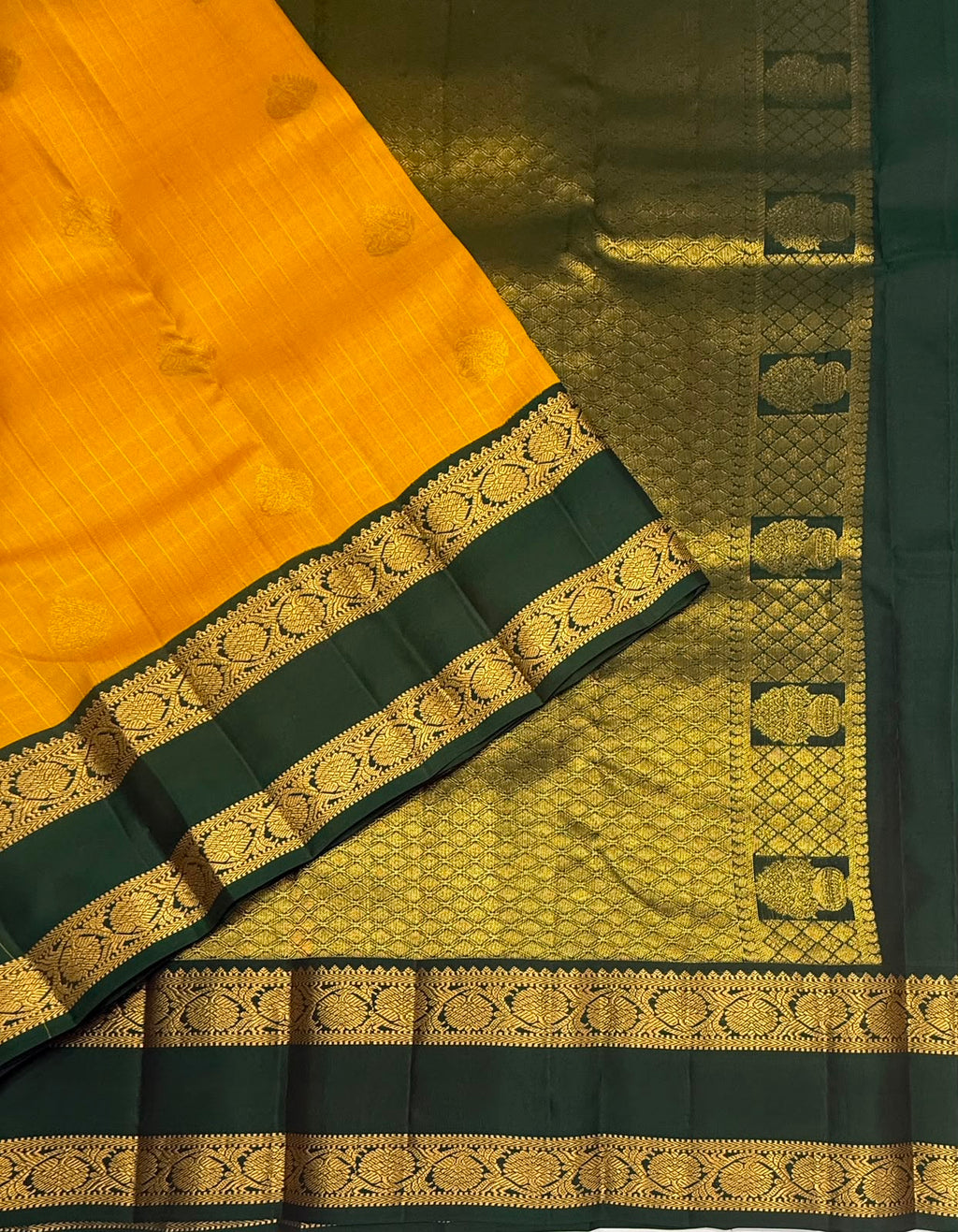 VSM441 - mustard yellow color body , bottle green color pallu , blouse.