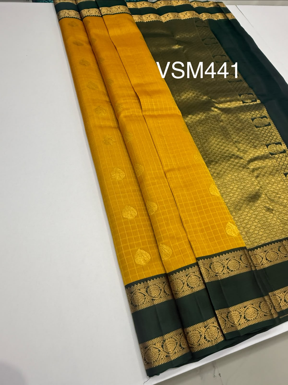 VSM441 - mustard yellow color body , bottle green color pallu , blouse.