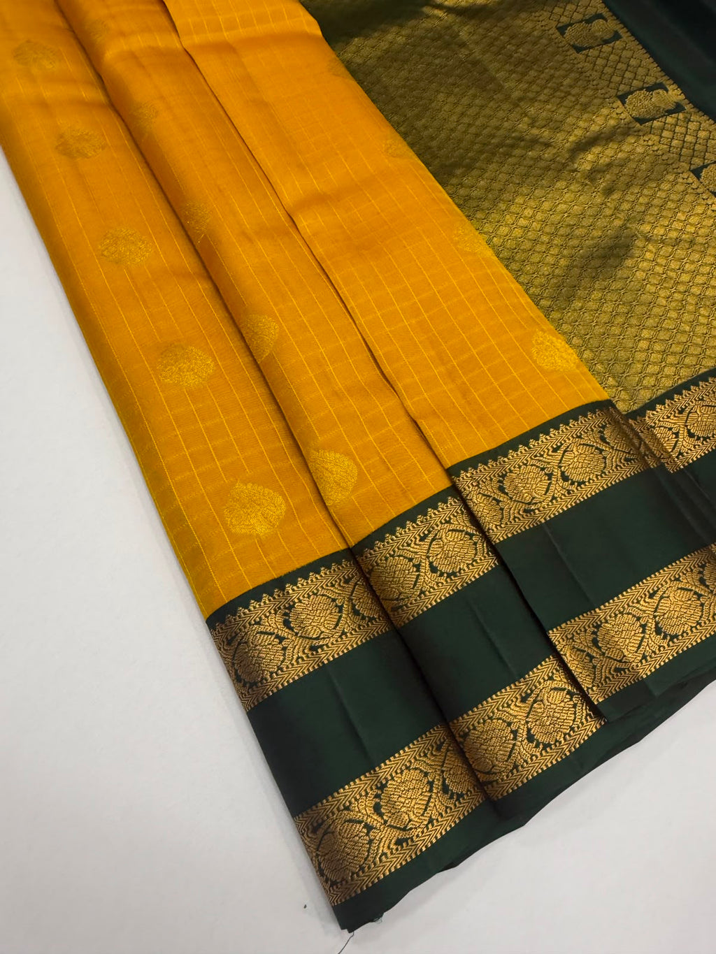 VSM441 - mustard yellow color body , bottle green color pallu , blouse.