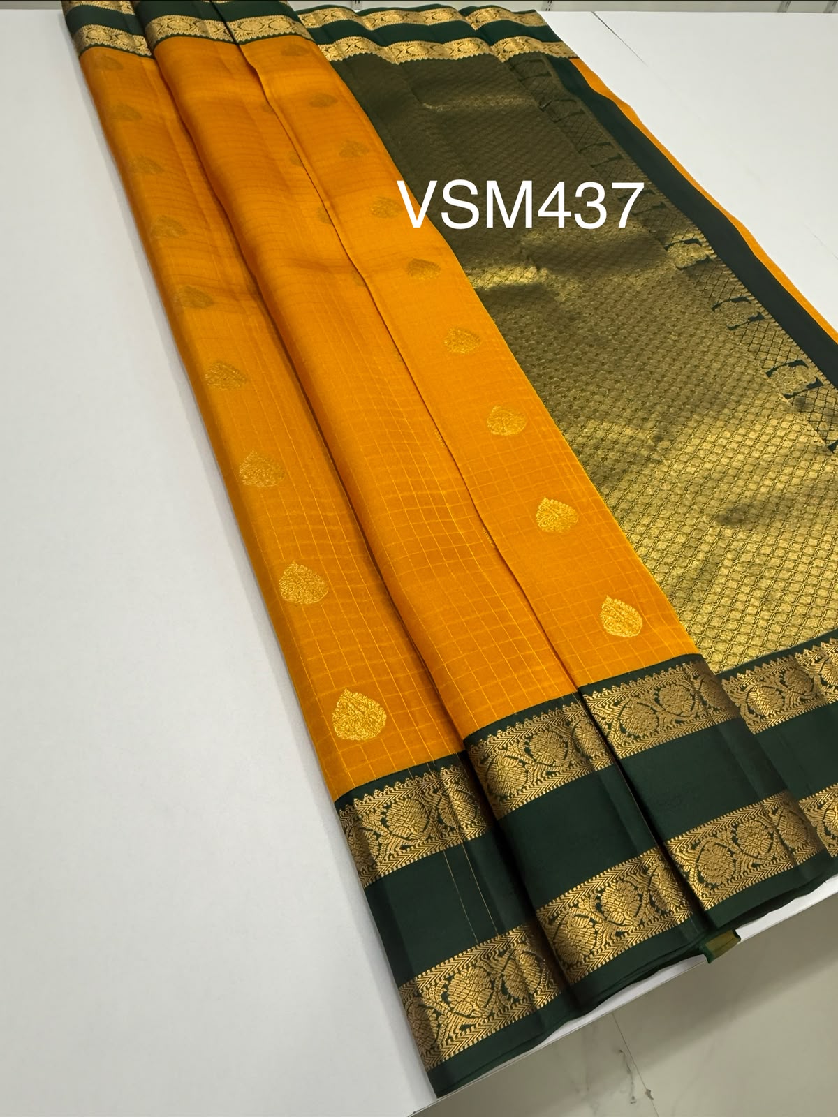 VSM437 - mustard yellow color body , bottle green color pallu , blouse.