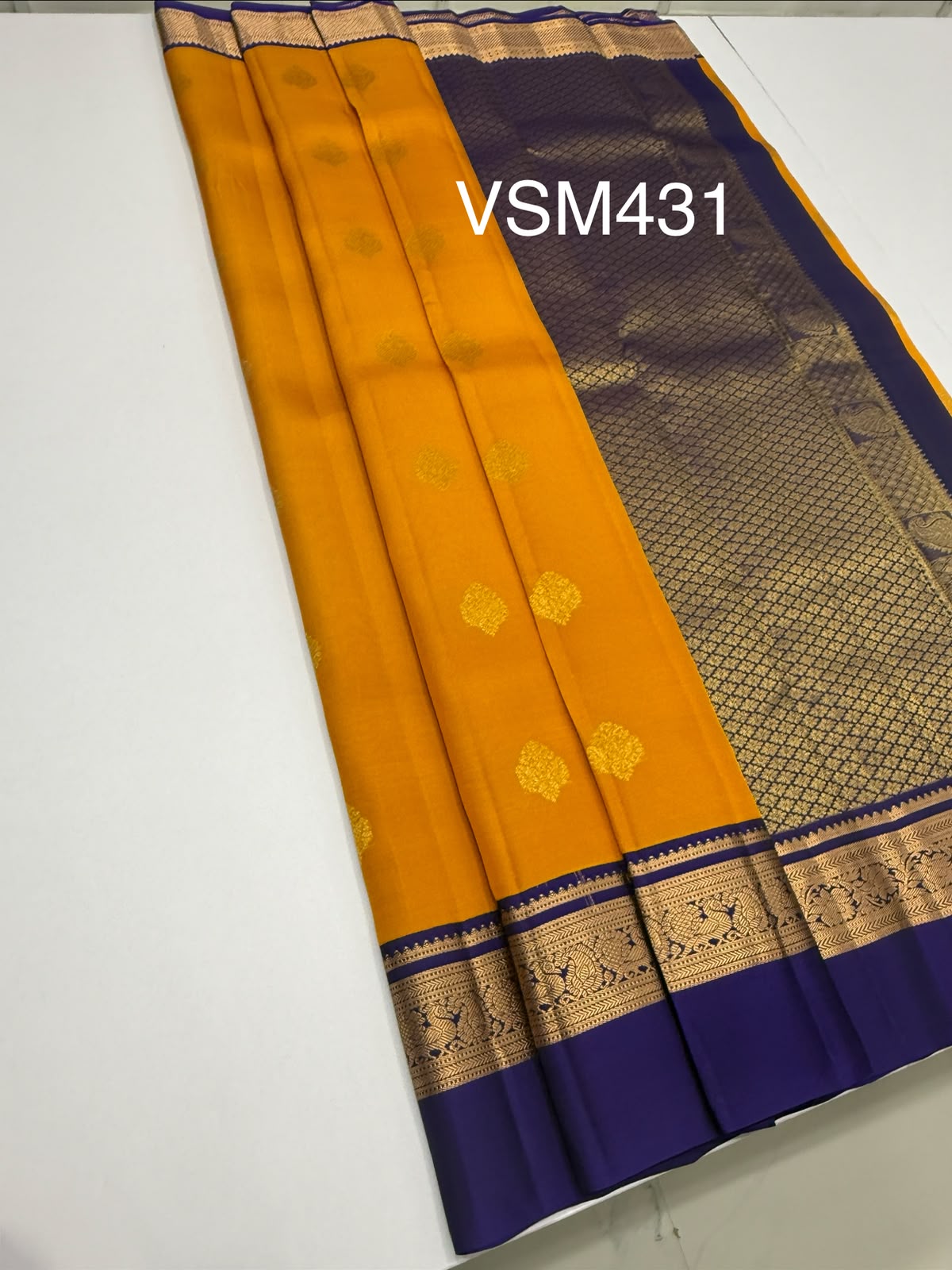 VSM431 - mustard yellow color body , dark violet color pallu , blouse.