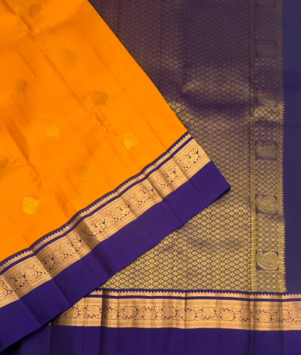 VSM431 - mustard yellow color body , dark violet color pallu , blouse.