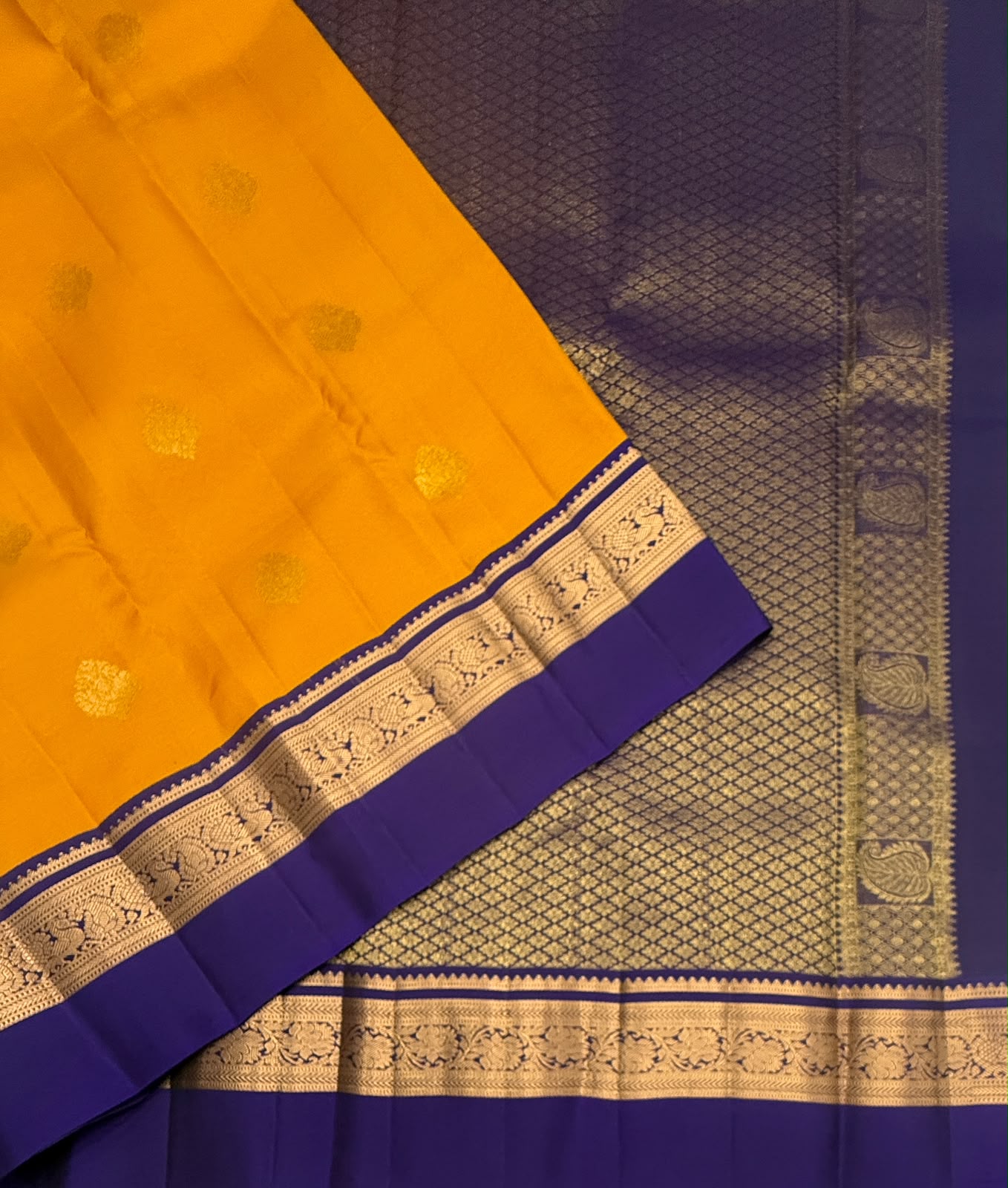 VSM431 - mustard yellow color body , dark violet color pallu , blouse.