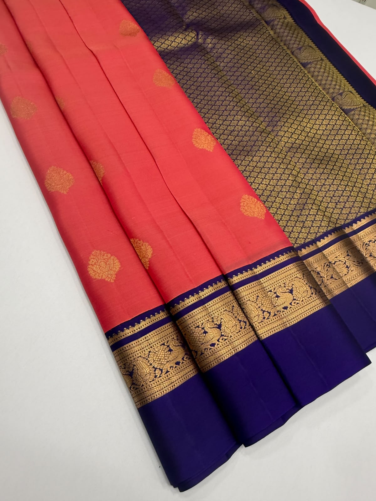 VSM428 - peach with pink color body , dark violet color pallu , blouse.