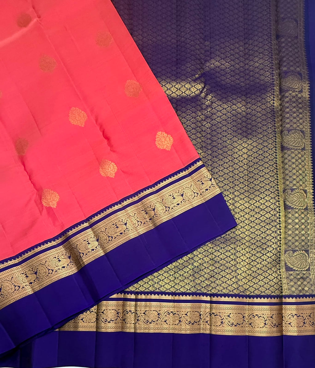 VSM428 - peach with pink color body , dark violet color pallu , blouse.