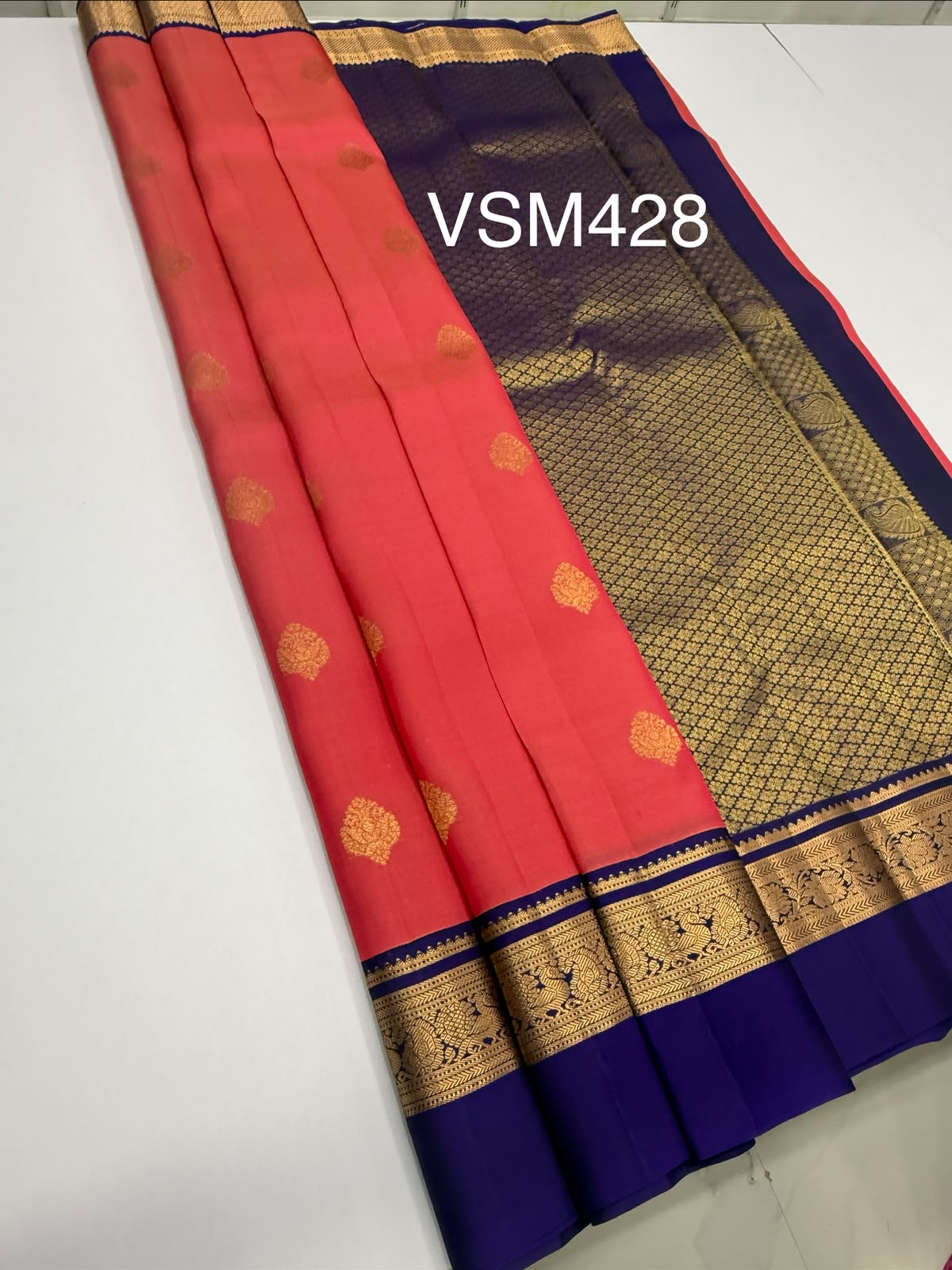 VSM428 - peach with pink color body , dark violet color pallu , blouse.