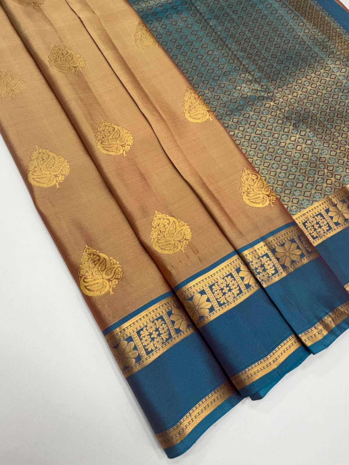 VSM425 - dark sandal color body , blue color pallu , blouse.
