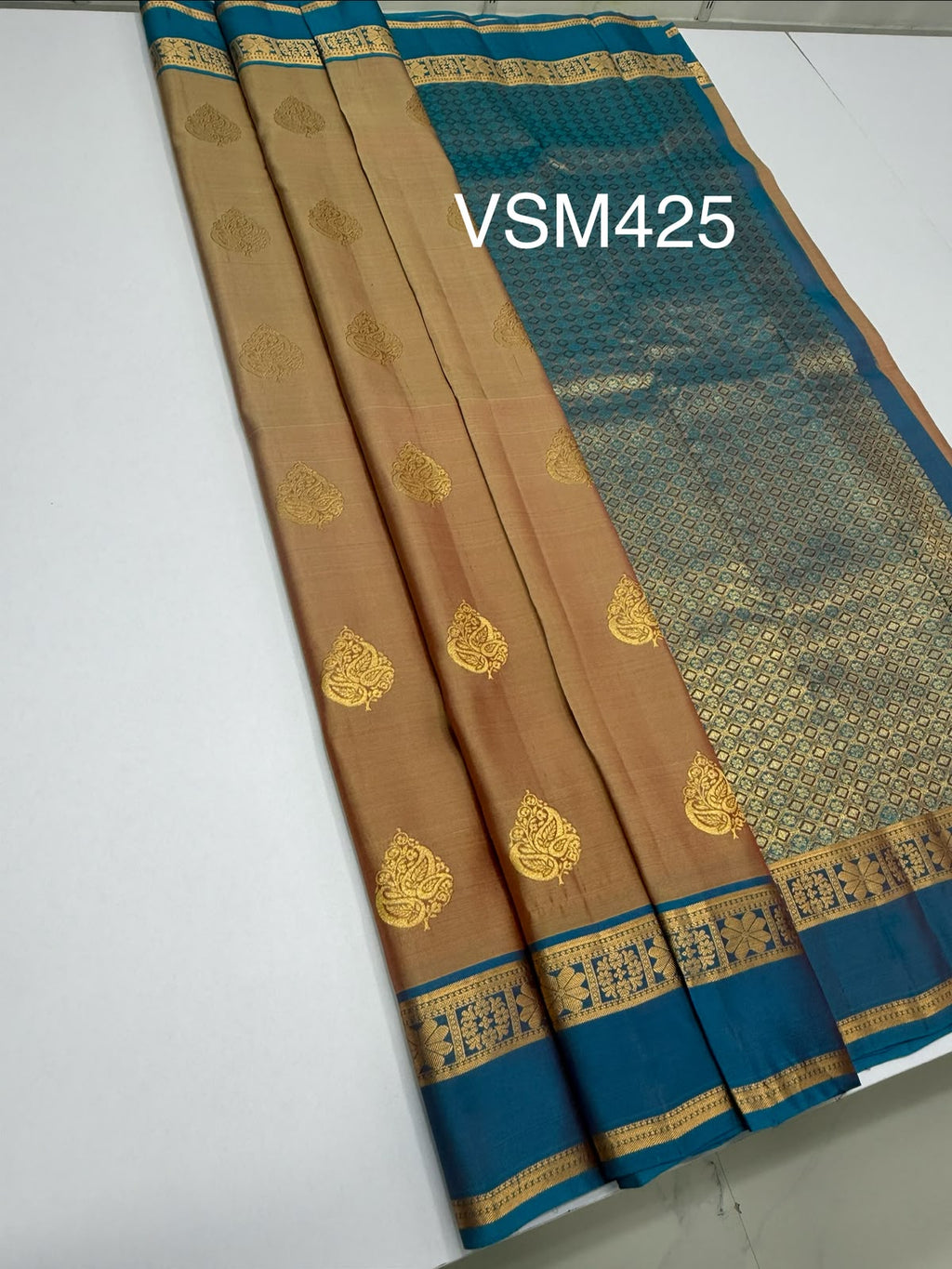 VSM425 - dark sandal color body , blue color pallu , blouse.
