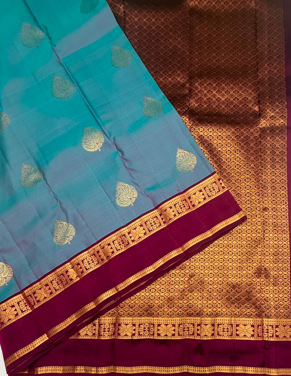 VSM420 - blue with pink color body , dark purple color pallu , blouse.