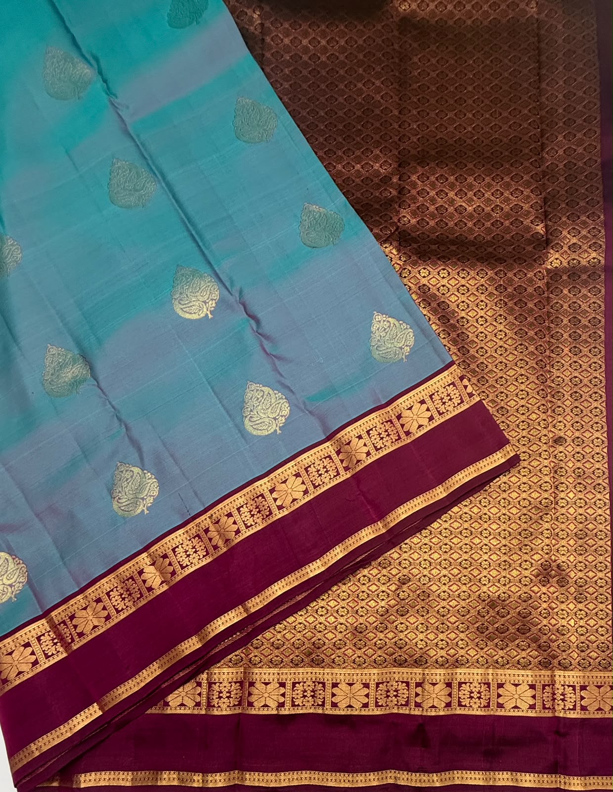 VSM420 - blue with pink color body , dark purple color pallu , blouse.