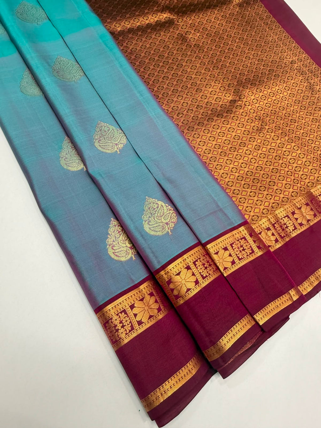 VSM420 - blue with pink color body , dark purple color pallu , blouse.