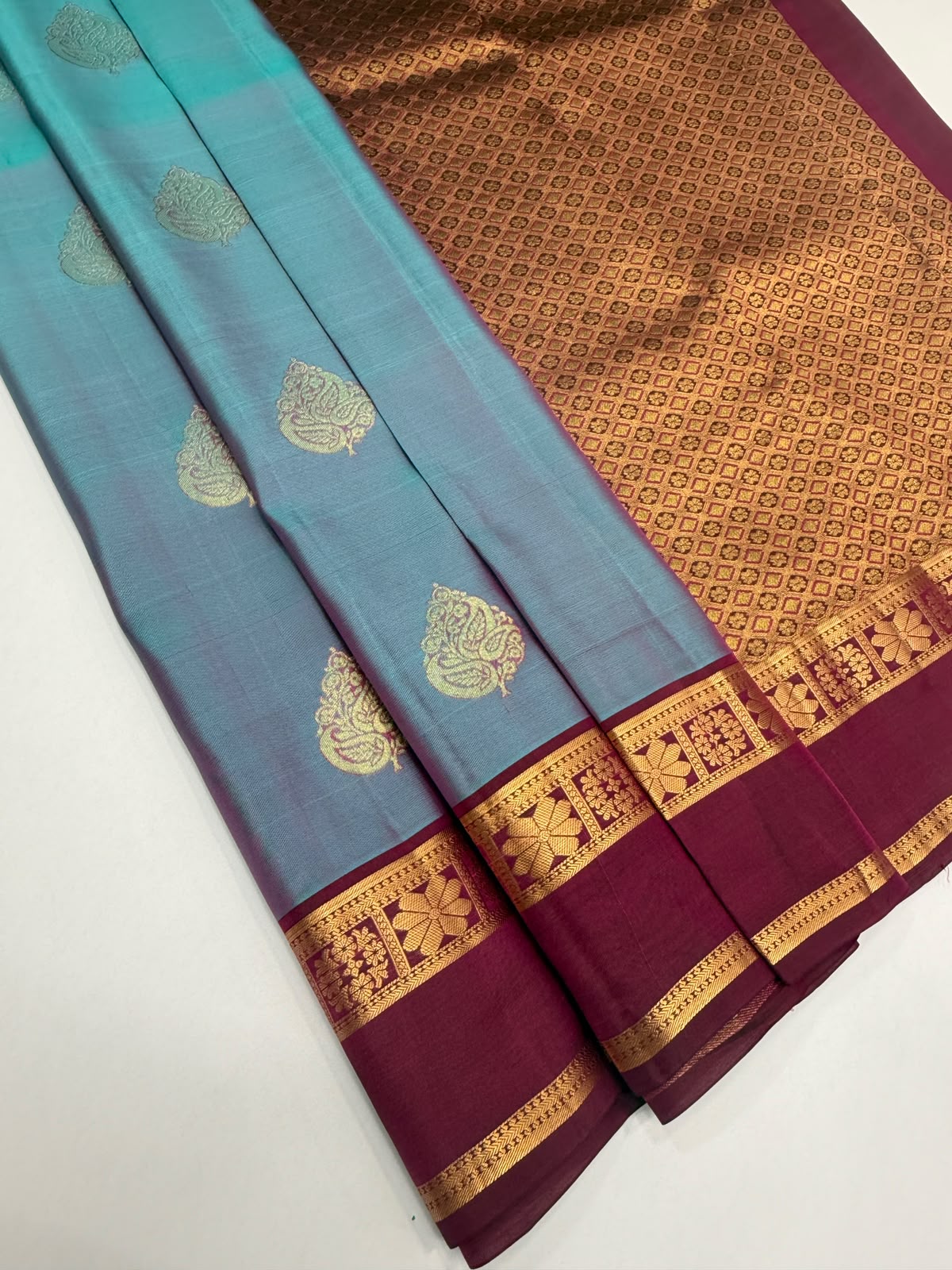 VSM420 - blue with pink color body , dark purple color pallu , blouse.