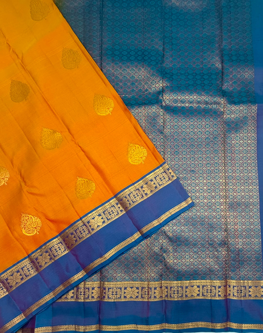 VSM419 - yellow with pink color body , blue with pink color pallu , blouse.