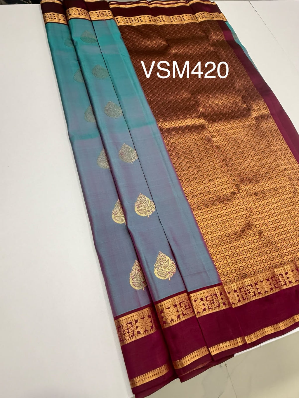 VSM420 - blue with pink color body , dark purple color pallu , blouse.