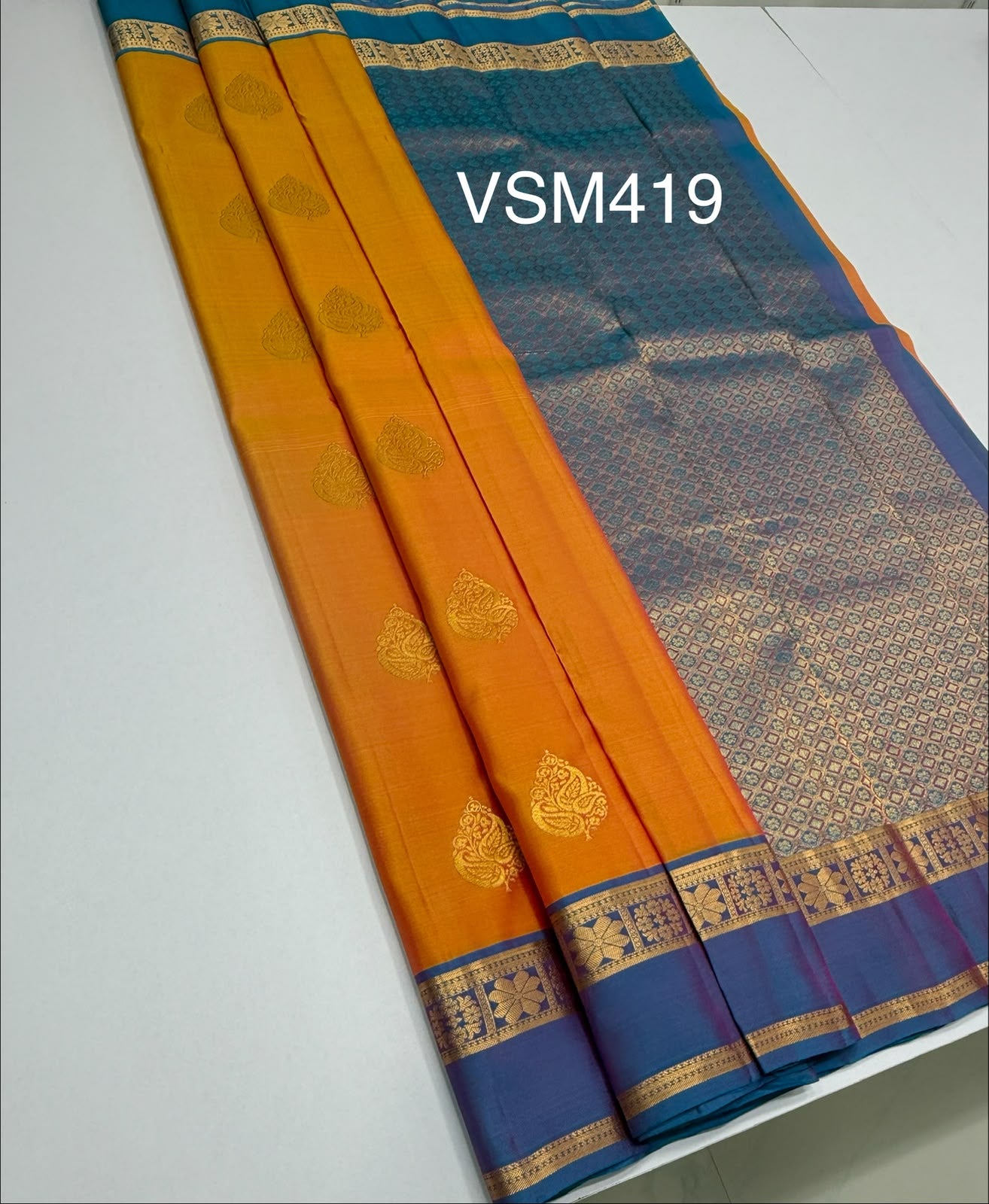 VSM419 - yellow with pink color body , blue with pink color pallu , blouse.