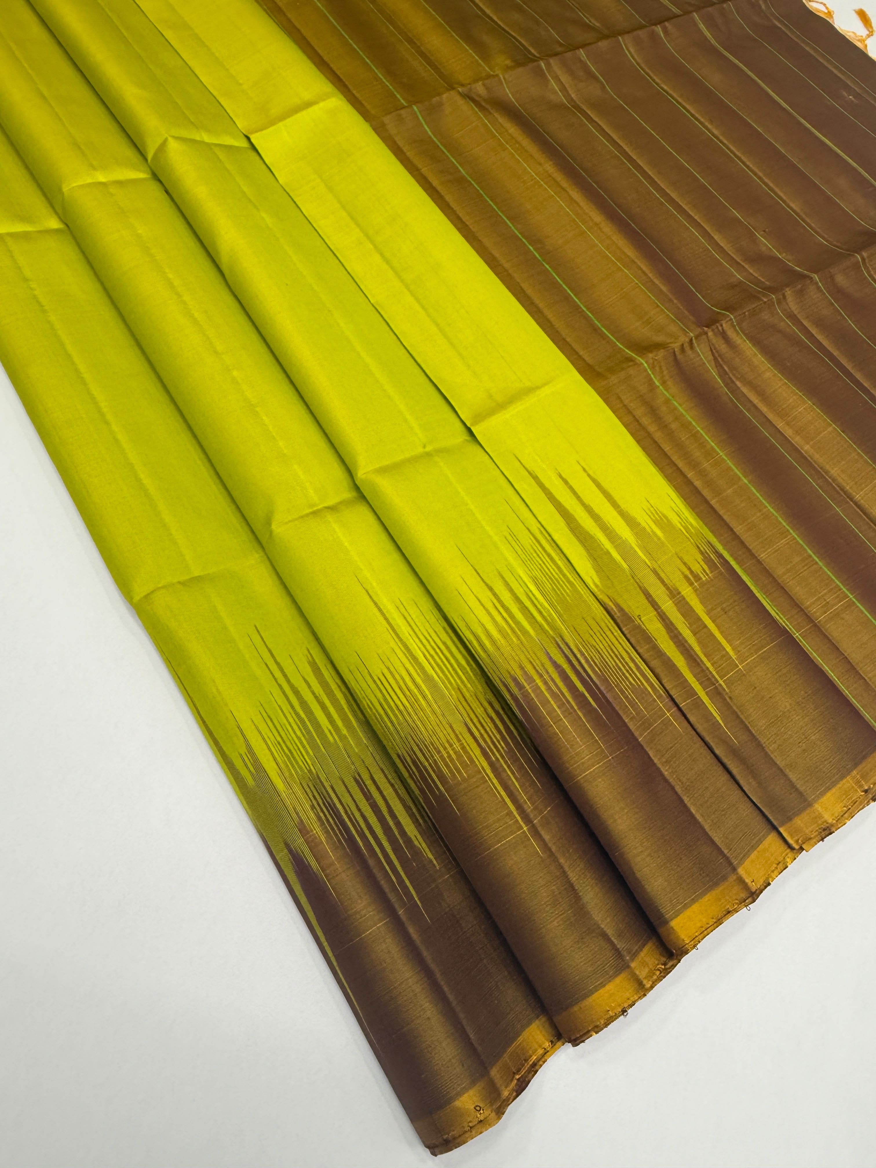 VSP737 - yellow with green color body , honey brown color pallu , blouse - Pure silk saree