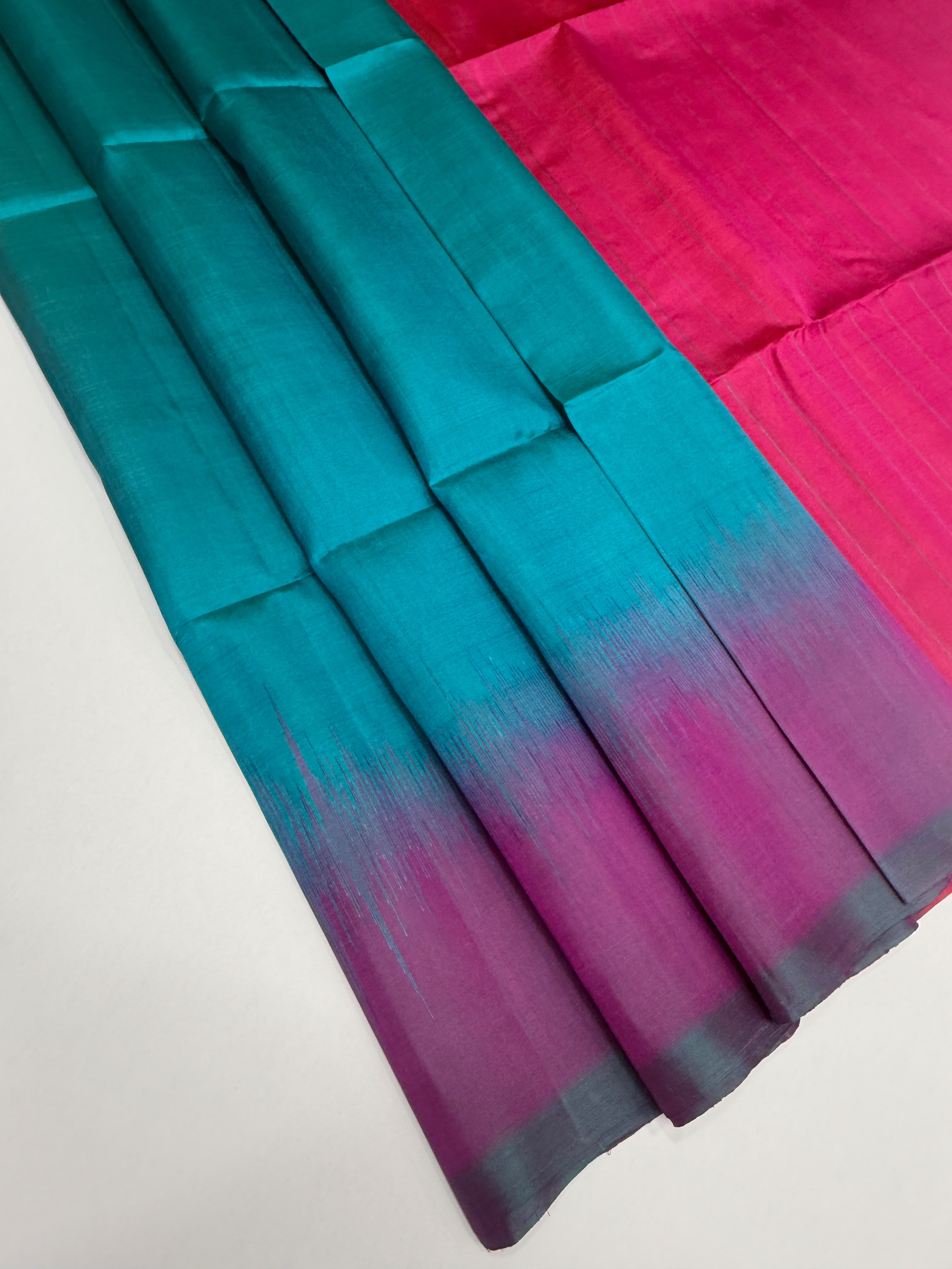 VSP738 - peacock blue color body , rani pink color pallu , blouse - Pure silk saree