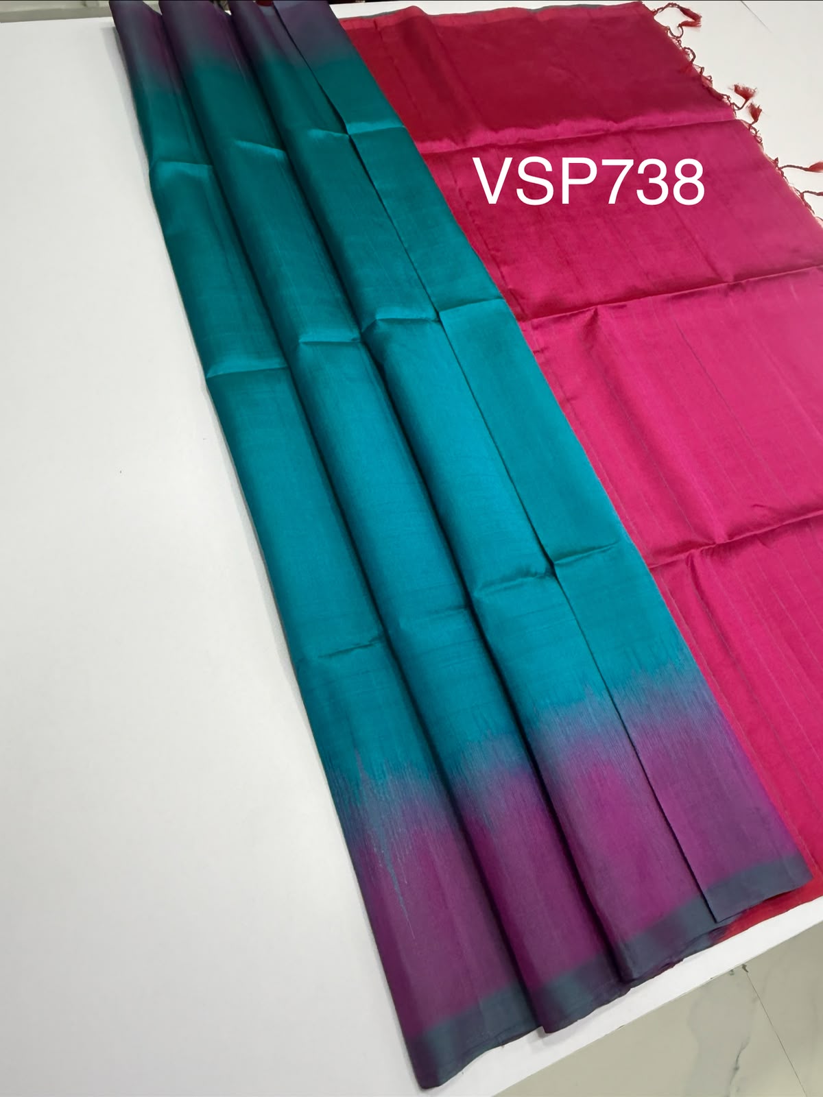 VSP738 - peacock blue color body , rani pink color pallu , blouse - Pure silk saree