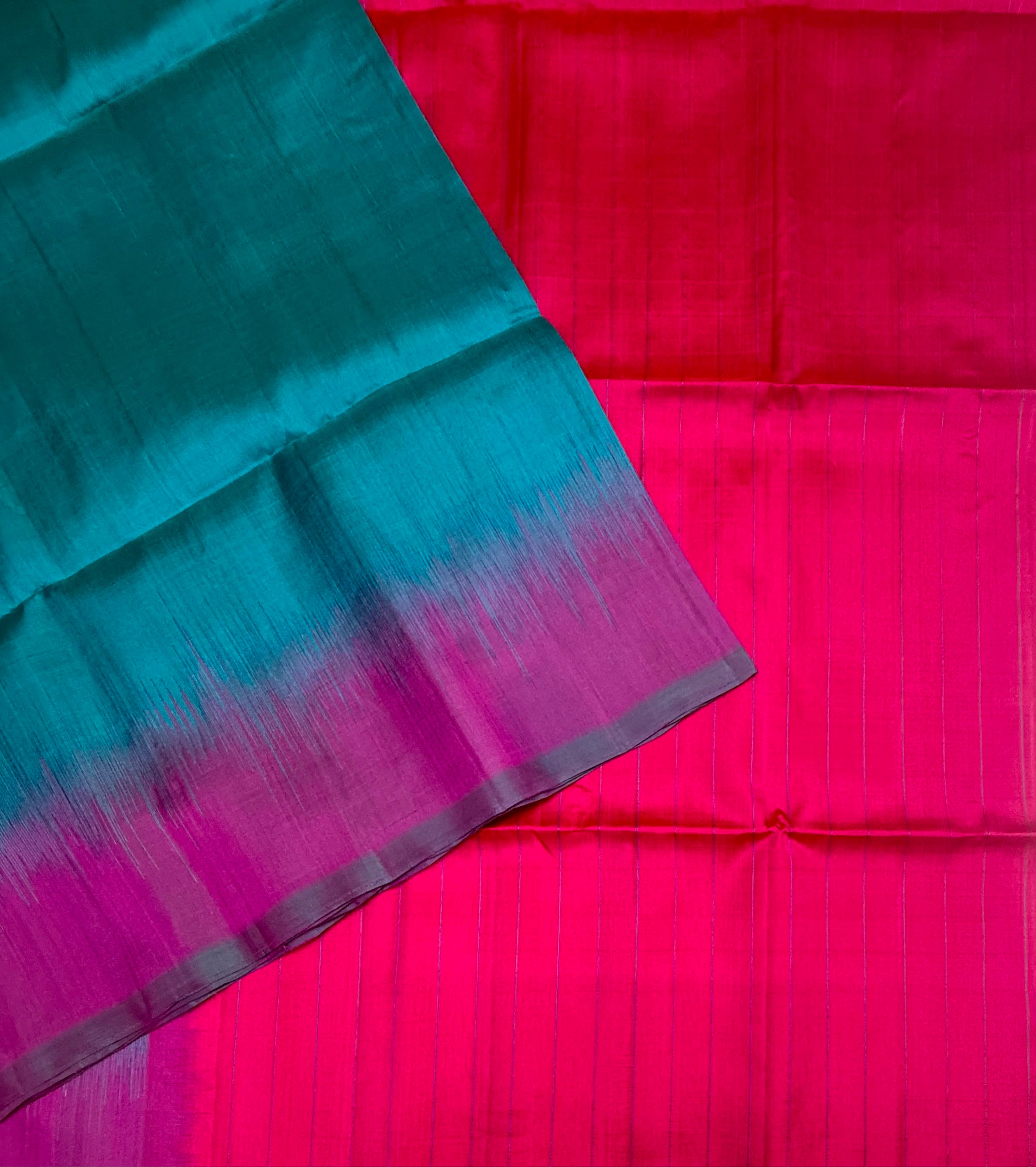 VSP738 - peacock blue color body , rani pink color pallu , blouse - Pure silk saree