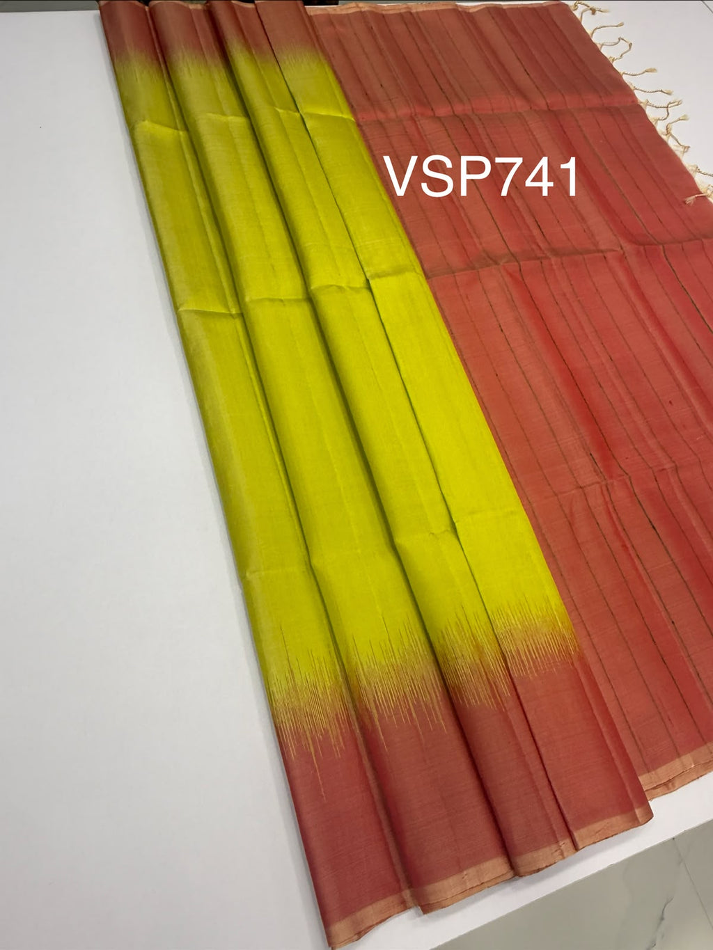 VSP741 - yellow with green color body , peach color pallu , blouse - Pure silk saree