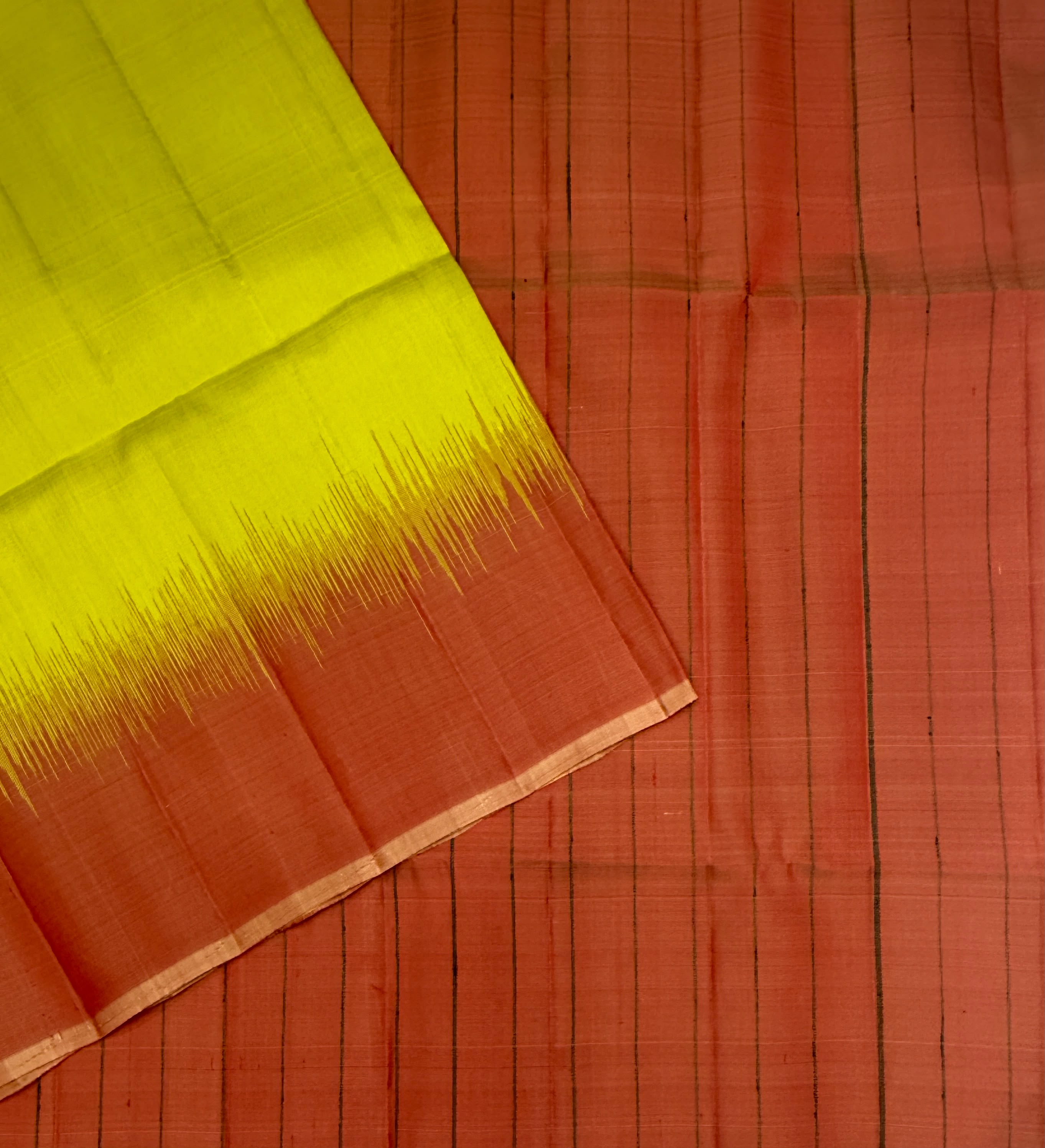 VSP741 - yellow with green color body , peach color pallu , blouse - Pure silk saree