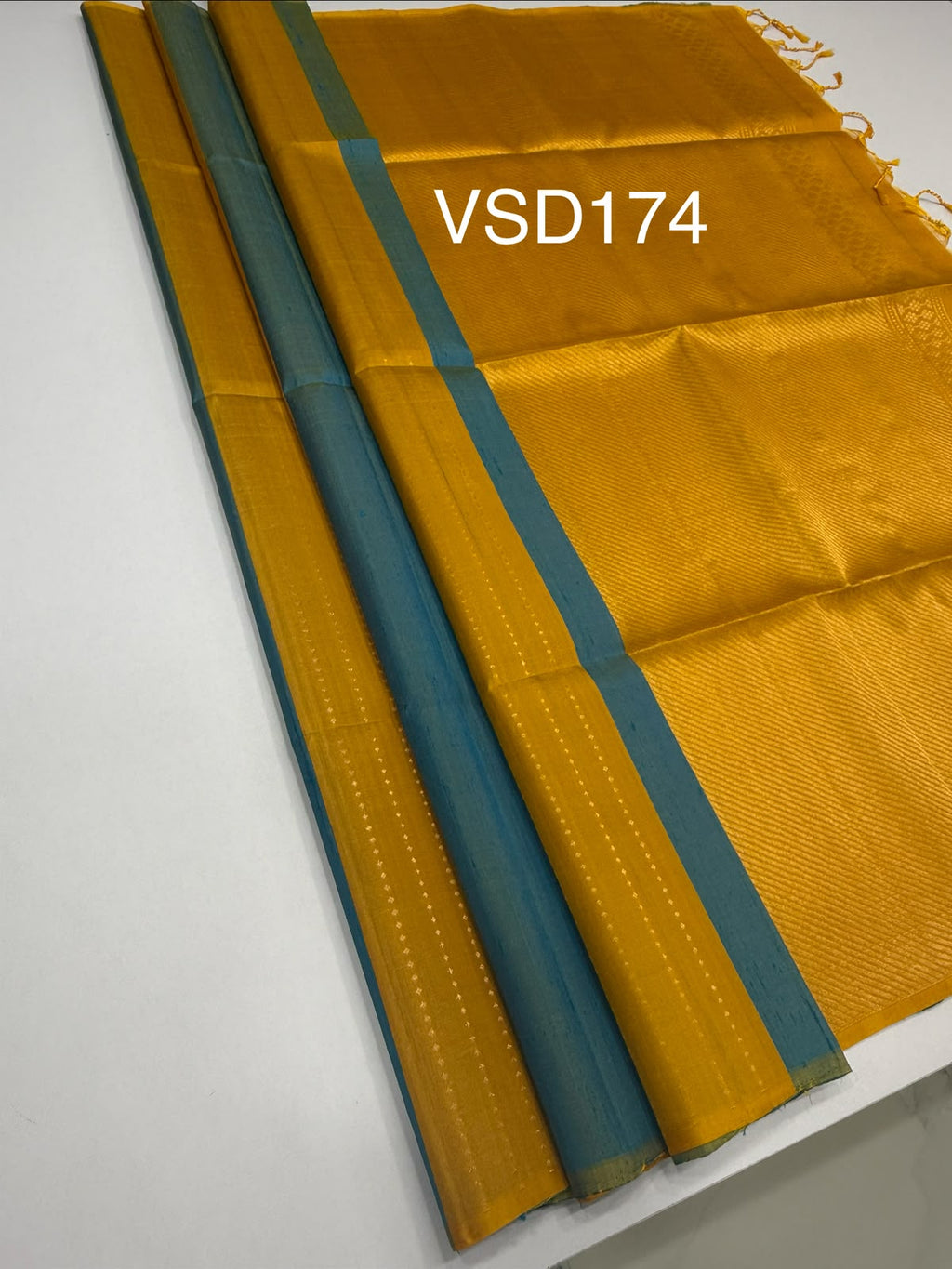 VSD174 - yellow with blue color body , color pallu,blouse - Pure silk saree