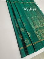 VSS497 - peacock green color body , color pallu , blouse - Pure silk saree