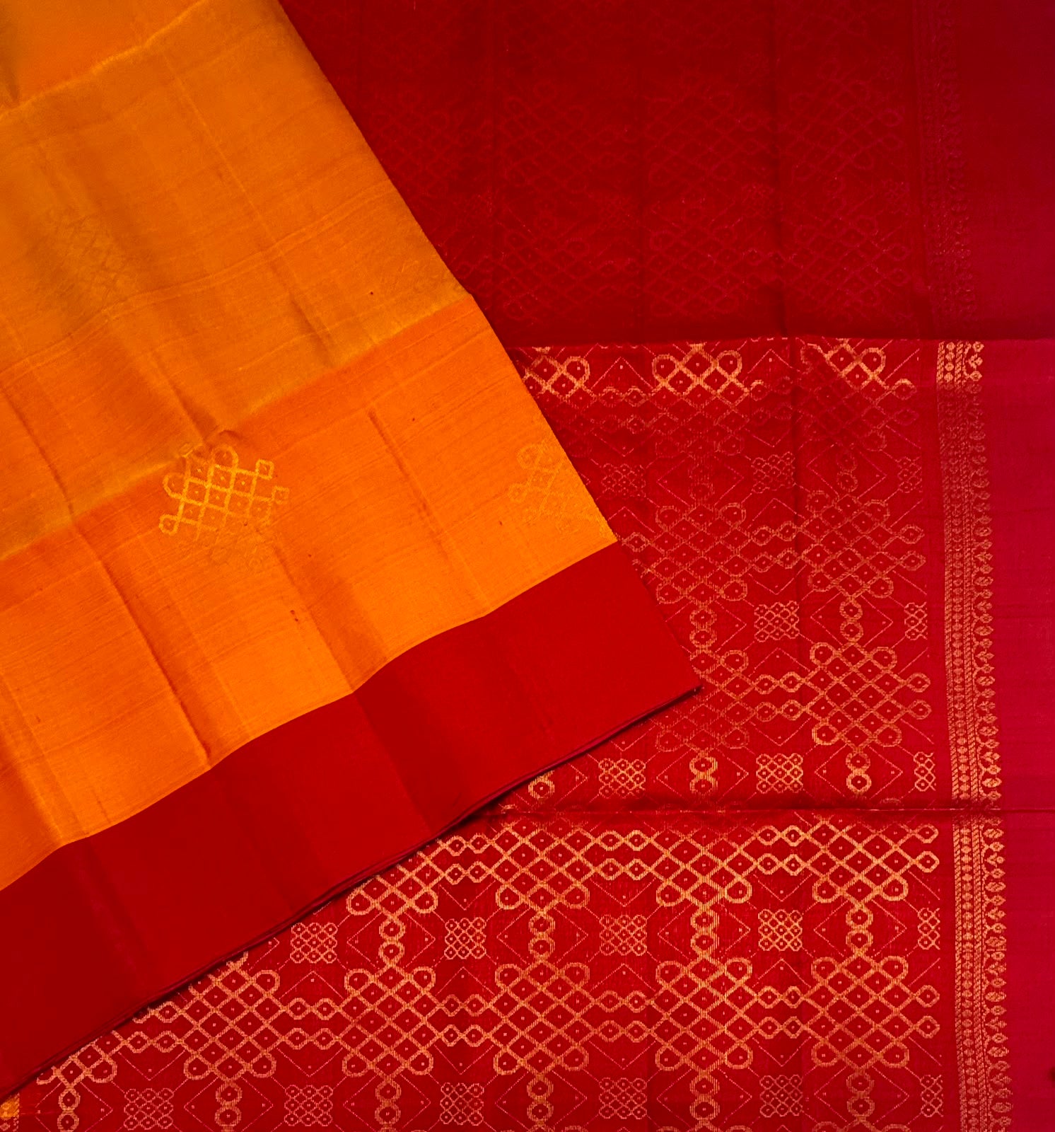 VSCB648 - mango yellow color body , red color pallu , blouse - Pure silk saree