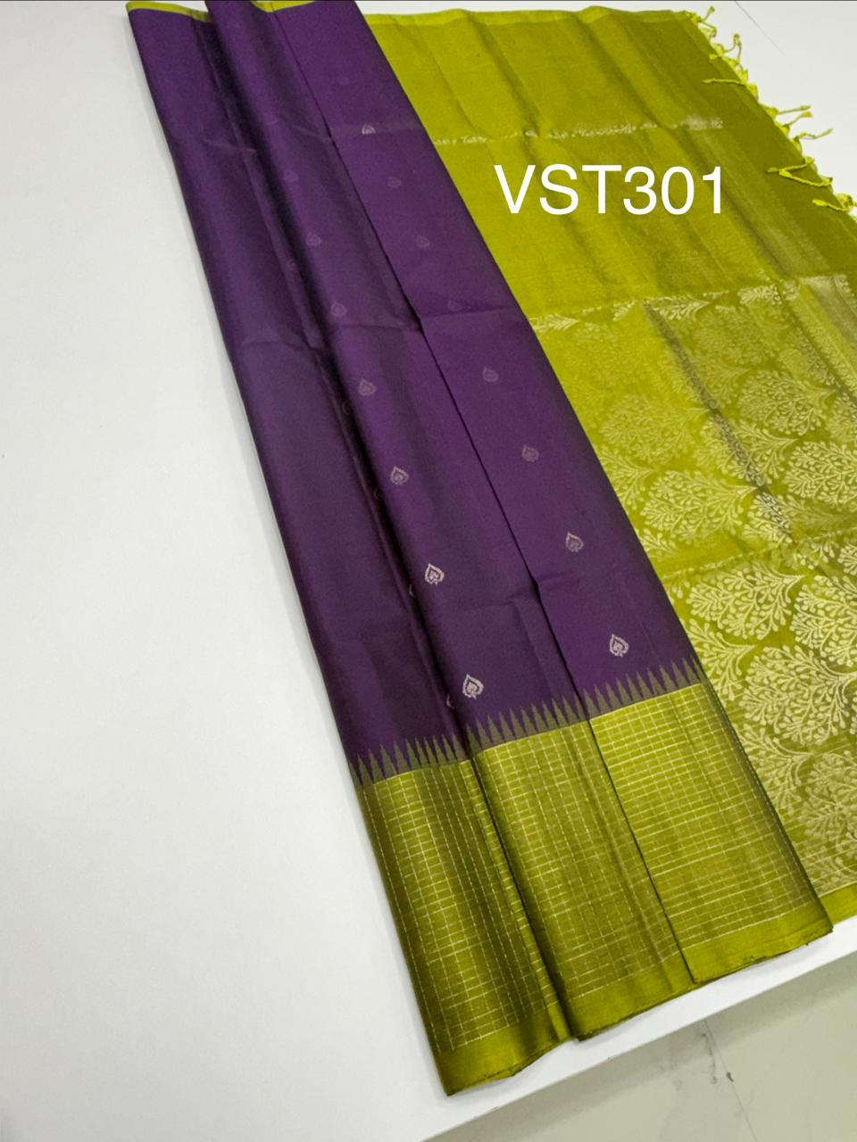 VST301 - violet color body , olive green color pallu , blouse - Pure silk saree