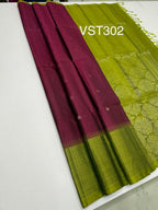 VST302 - purple color body , olive green color pallu , blouse - Pure silk saree