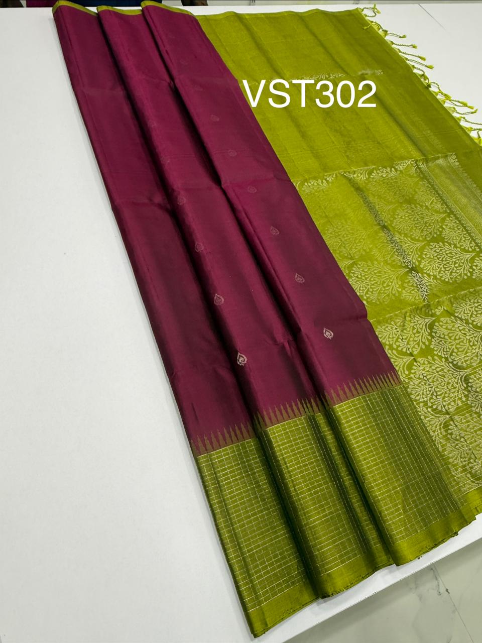 VST302 - purple color body , olive green color pallu , blouse - Pure silk saree