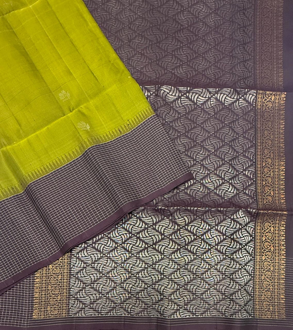 VST304 - olive green color body , dark purple color pallu , blouse - Pure silk saree