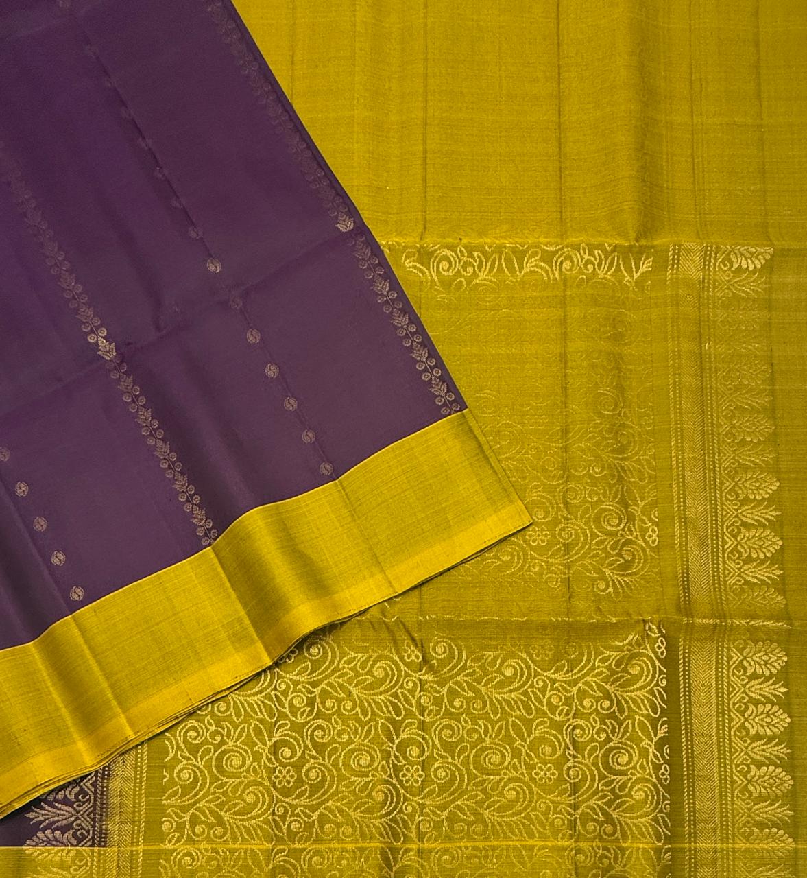 VSCB649 - purple color body , yellowish green color pallu , blouse - Pure silk saree