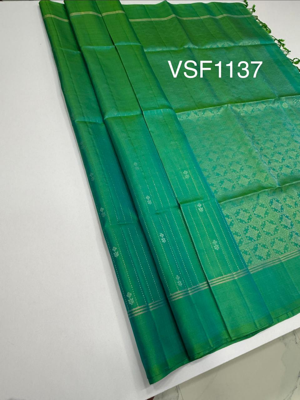 VSF1137 - bluish green color body , pallu , blouse - Pure silk saree