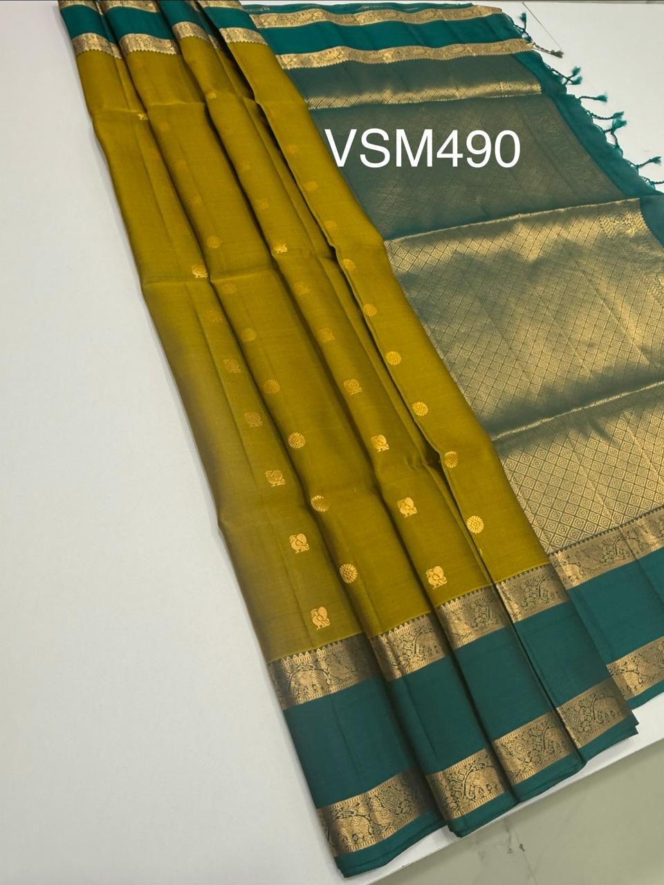 VSM490 - olive green color body , peacock blue color pallu , blouse&nbsp;