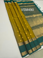 VSM490 - olive green color body , peacock blue color pallu , blouse&nbsp;