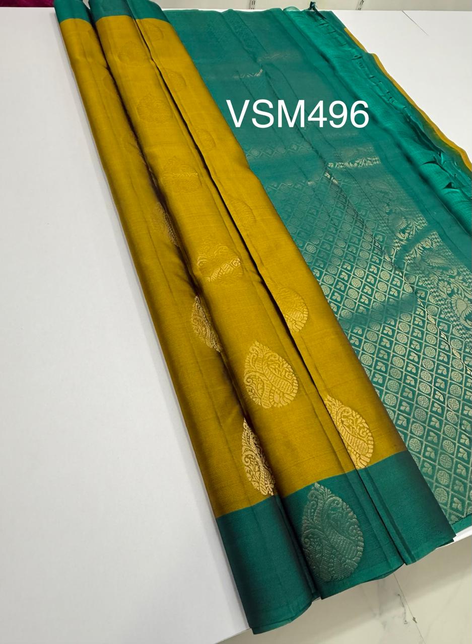 VSM496 - yellowish green color body , pastel green color pallu , blouse