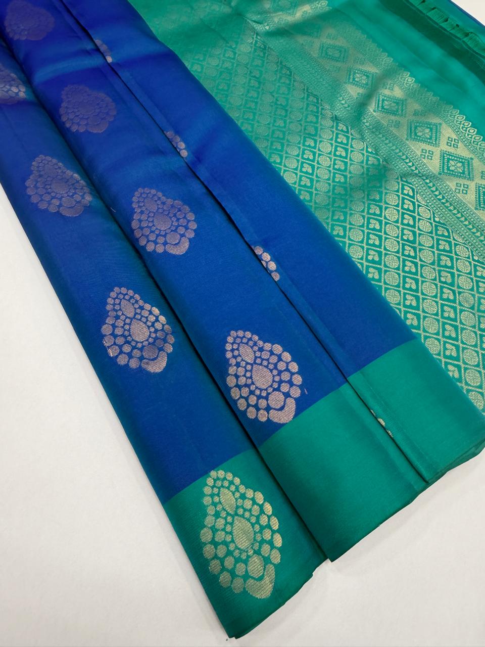 VSM495 - blue color body , pastel green color pallu , blouse