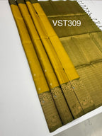 VST309 - yellow with green color body , cowdung green color pallu,blouse - Pure silk saree
