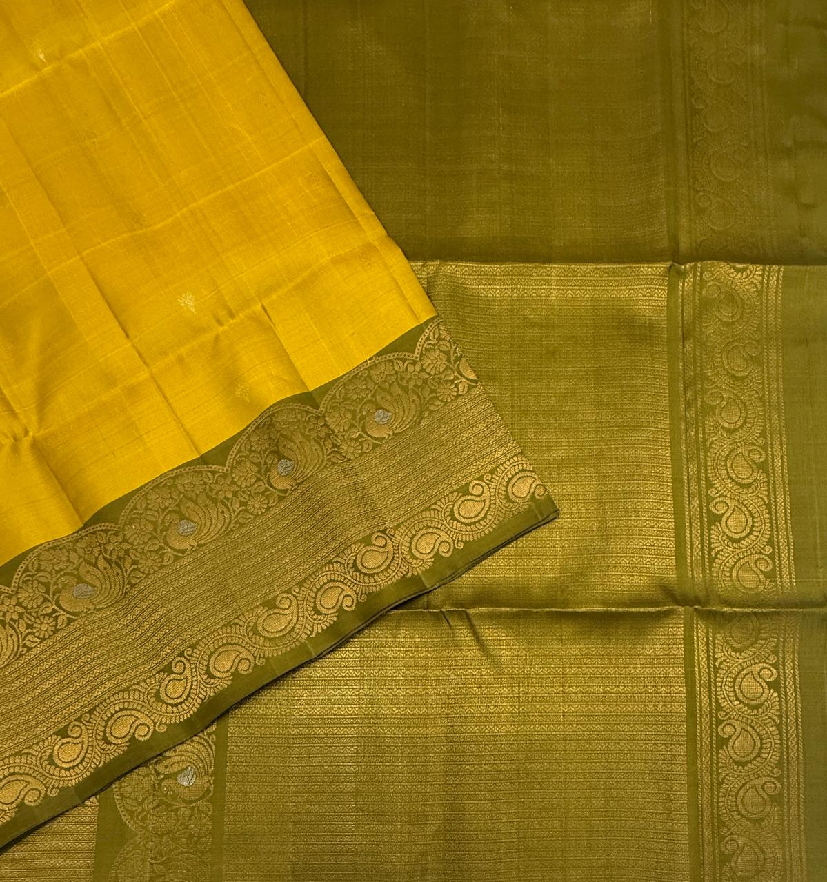 VST309 - yellow with green color body , cowdung green color pallu,blouse - Pure silk saree