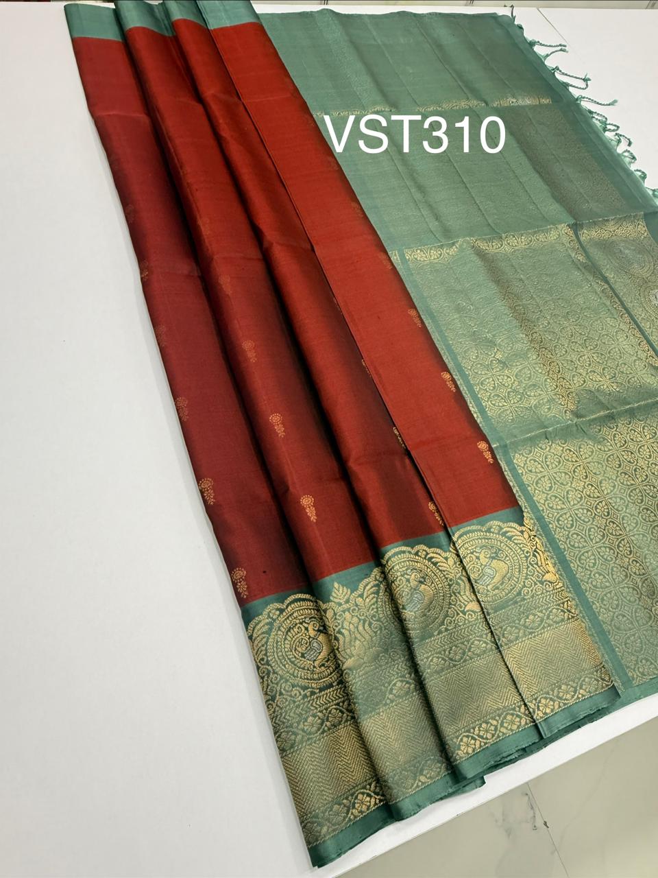VST310 - maroon color body , pastel green color pallu,blouse - Pure silk saree