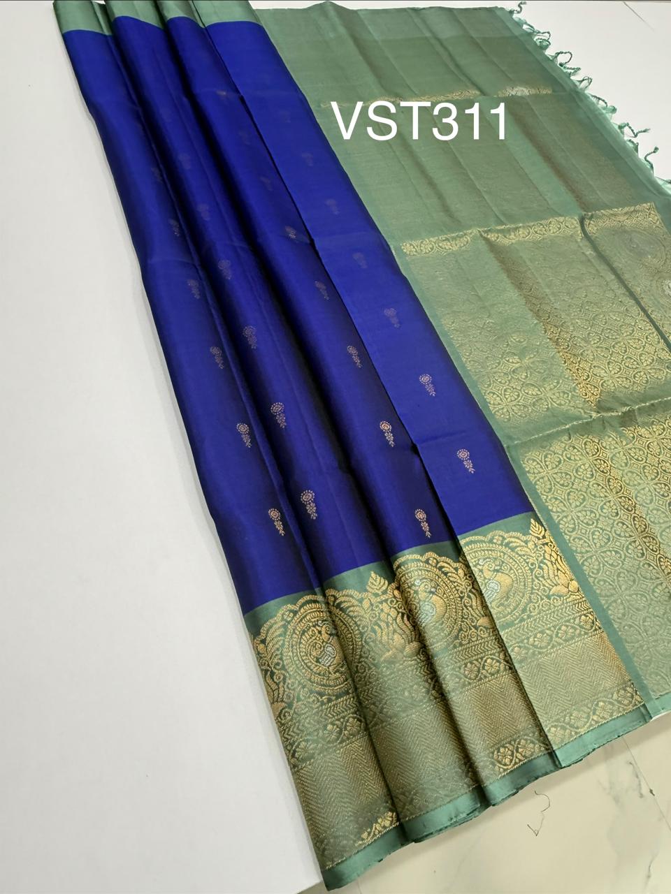 VST311 - ink blue color body , pastel green color pallu,blouse - Pure silk saree