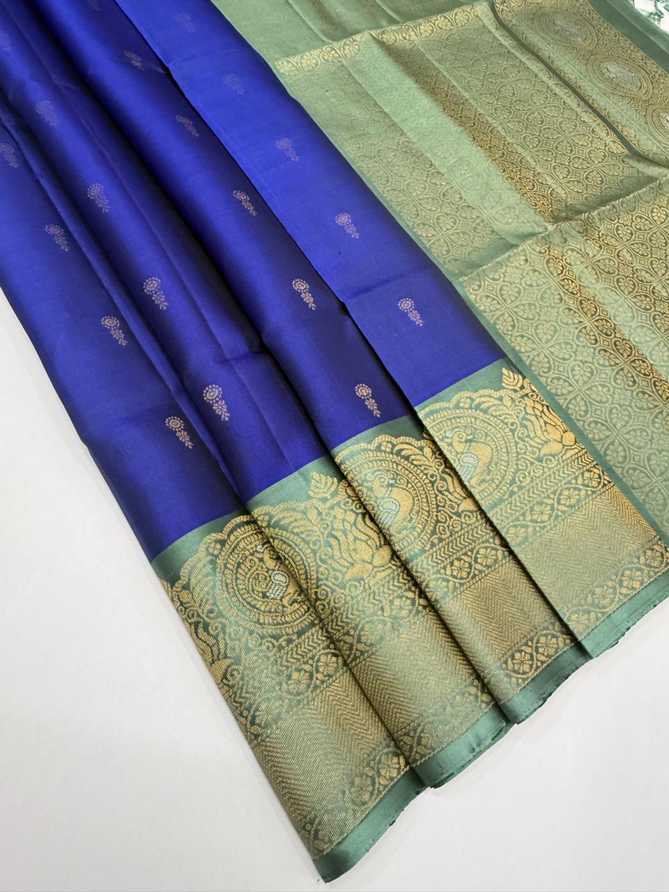 VST311 - ink blue color body , pastel green color pallu,blouse - Pure silk saree