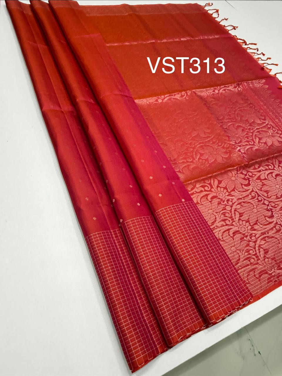 VST313 - pinkish orange color body , pallu,blouse - Pure silk saree