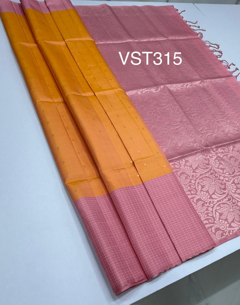 VST315 - yellow with pink color body , baby pink color pallu,blouse - Pure silk saree