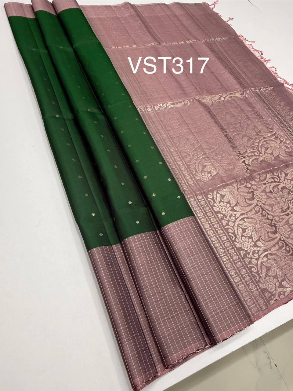 VST317 - bottle green color body , pink with black color pallu,blouse - Pure silk saree
