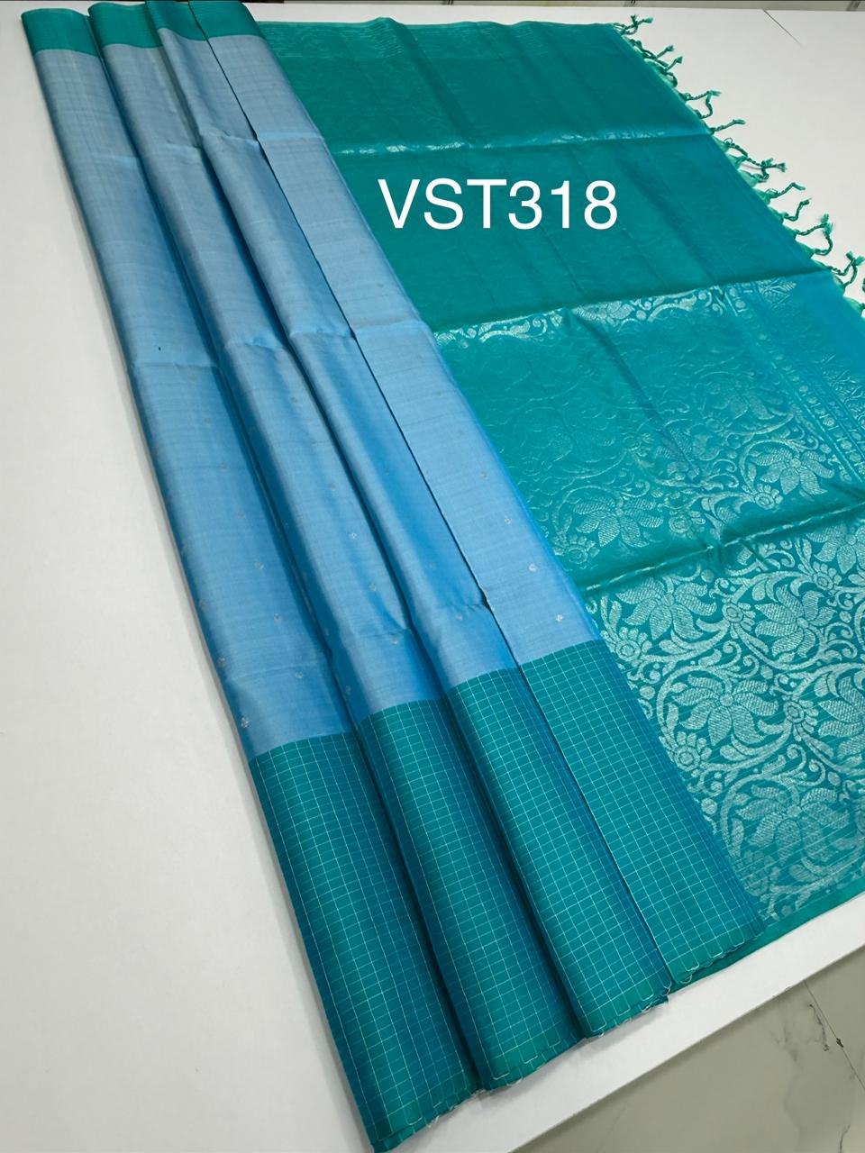 VST318 - sky blue color body , pink with black color pallu,blouse - Pure silk saree