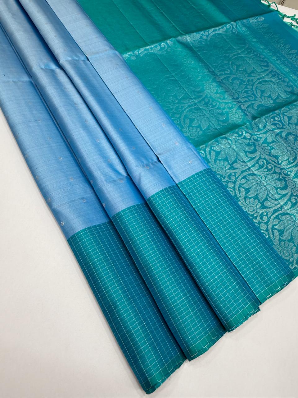 VST318 - sky blue color body , pink with black color pallu,blouse - Pure silk saree