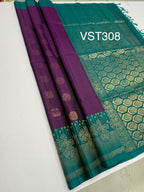 VST308 - violet color body , peacock green color pallu,blouse - Pure silk saree